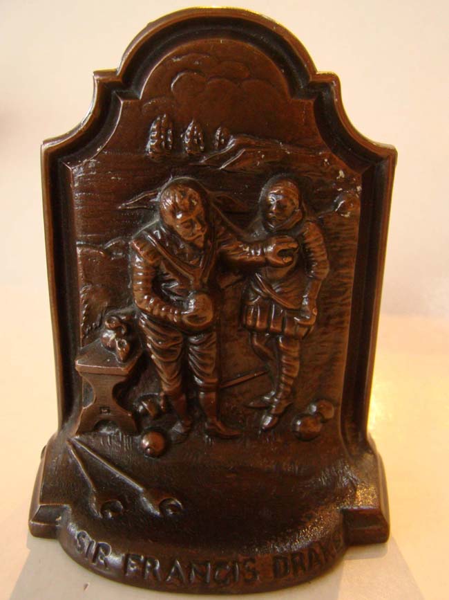A rare pair of Sir Francis Drake and the Spanish Armada bronze bookends by Jennings Brothers circa 1910